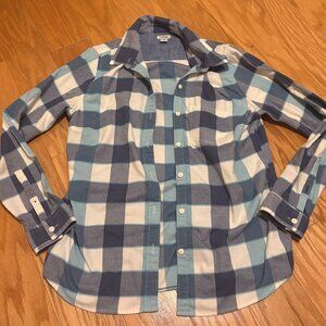 LL Bean Flannel Shirt Mens S Gray White Aqua Checkered Button Up Regular Fit
